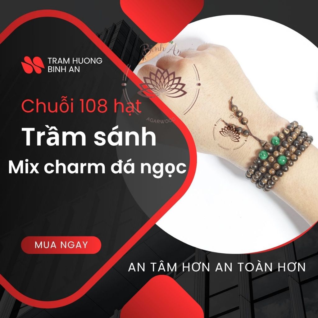 Vòng Tay Trầm Hương 108 Hạt Sánh Chìm mi.x Char.m - Chuỗi Tràng Hạt - Trầm Hương Tự Nhiên size 8 ly