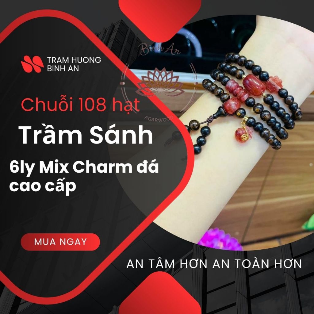 Chuỗi trầm hương sánh chìm 6ly 108 hạt mix charm ngũ điếu+lu+điếu mập+ cỏ+bàn tính+hồ ly móc bạc-giành cho nữ.