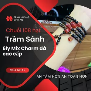 Chuỗi trầm hương sánh chìm 6ly 108 hạt mix charm ngũ điếu+lu+điếu mập+ cỏ+bàn tính+hồ ly móc bạc-giành cho nữ.