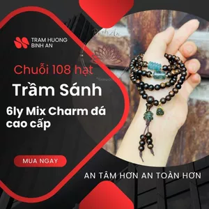 Vòng tay chuỗi hạt bằng trầm hương sánh chìm 6mm 108 hạt mix charm đá cao cấp ngũ điếu làm ngọc, bi và:ng10k - Nam nữ