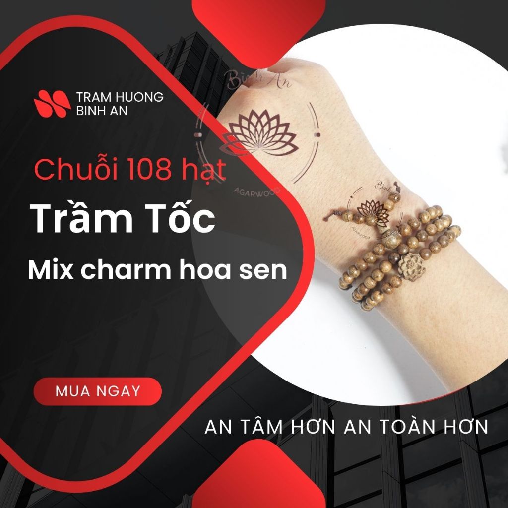 [Phong thủy Cổ Học]Vòng Tay 108 Hạt Trầm Hương Tốc Việt Mix charm Hoa Sen-Tràng Hạt -Vòng Tay Phong Thủy- 6 7 8 mm