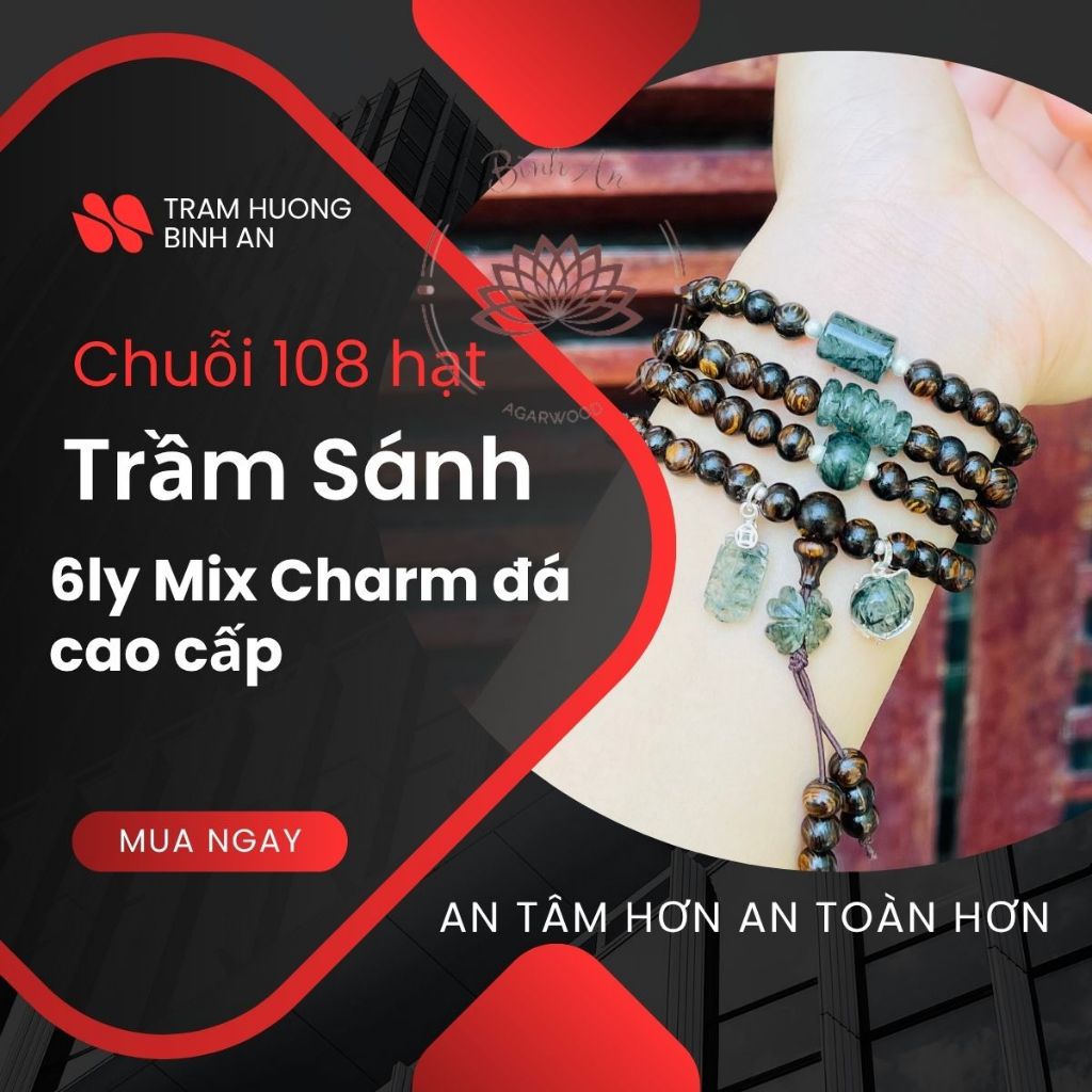 Chuỗi trầm hương sánh chìm có hộp 6ly 108 hạt mix charm ngũ điếu+lu+điếu mập+ cỏ+bàn tính+hồ ly móc bạc.