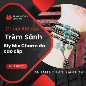 Chuỗi trầm hương sánh chìm có hộp 6ly 108 hạt mix charm ngũ điếu+lu+điếu mập+ cỏ+bàn tính+hồ ly móc bạc.
