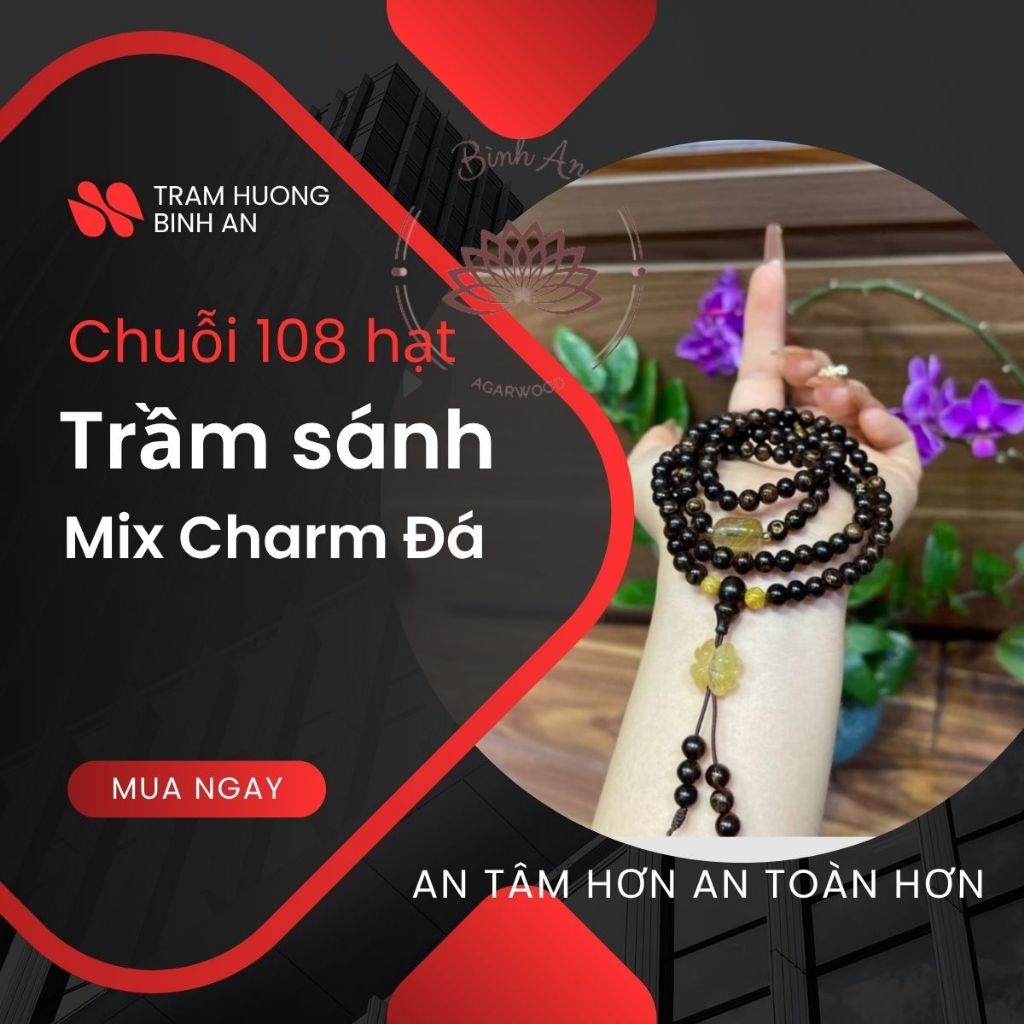 Vòng Tay Trầm Hương 108 Hạt Nữ – 6mm | Sánh Chìm, Mix Đá Cao Cấp, Charm Tóc Vàng | Chuỗi Tràng Hạt & Bình An