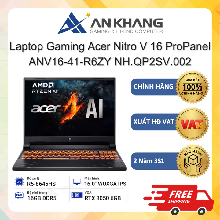 Laptop Gaming Acer Nitro V 16 ProPanel ANV16-41-R6ZY NH.QP2SV.002 (R5,16GB,512GB,RTX3050) Chính hãng Bảo hành 2 Năm 3S1