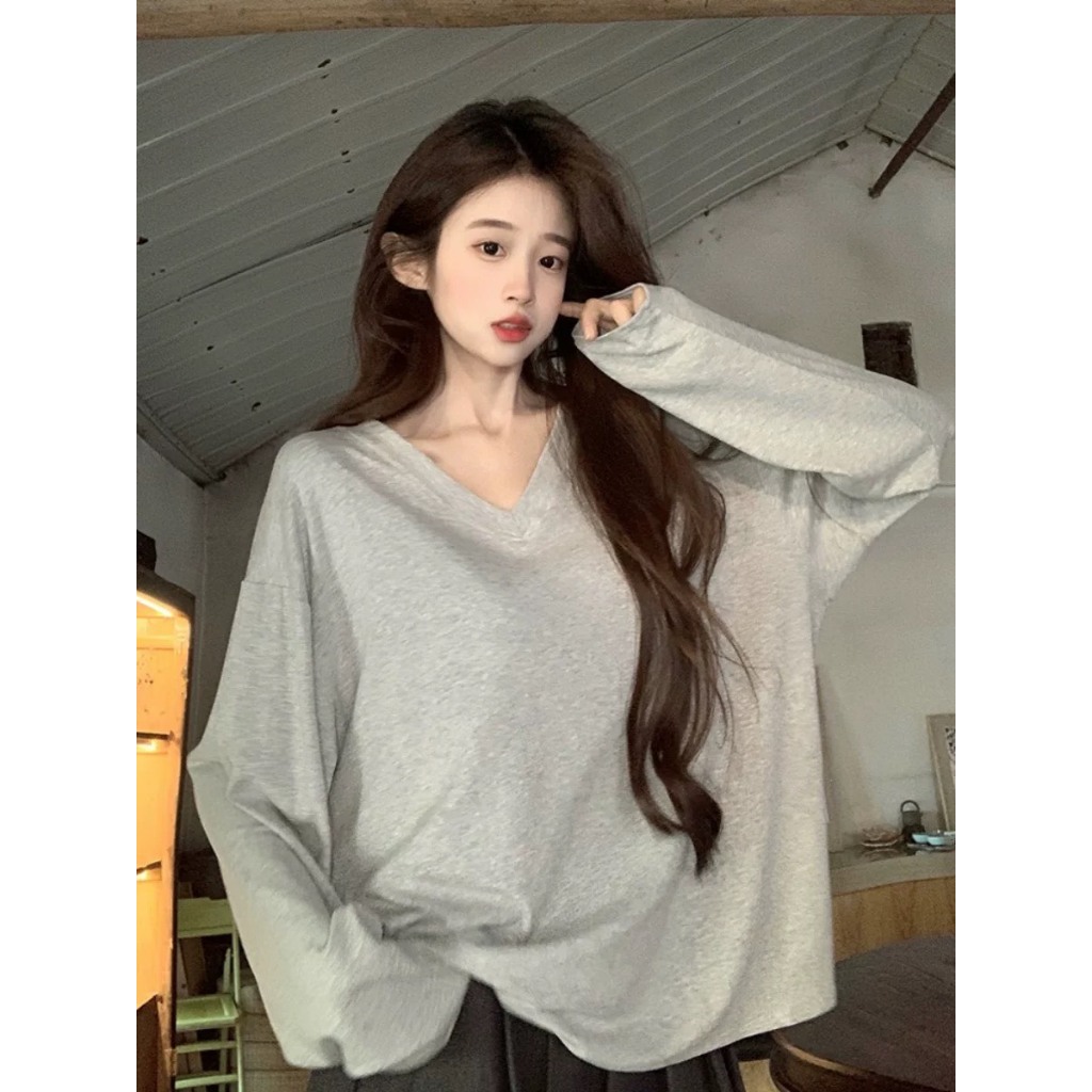 ÁO THUN TAY DÀI CỔ TIM TRƠN FORM RỘNG DỄ PHỐI ĐỒ CHẤT VẢI CO GIÃN ĐẸP OVESIZE<72KG