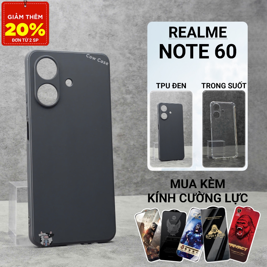 Ốp lưng Realme Note 60, 60X Cowcase trơn màu đen | Ốp điện thoại Realme bảo vệ camera đt toàn diện