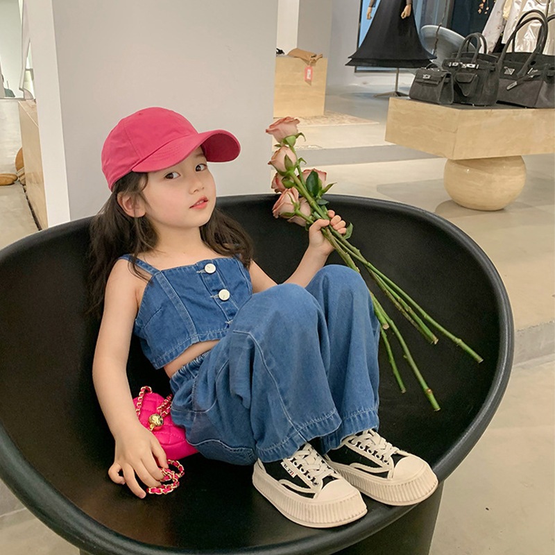 Set Đồ Bé Gái, Set Áo Hai Dây Quần Dài Jean Cá Tính Cho Bé Gái Chất Jean Mềm Mịn