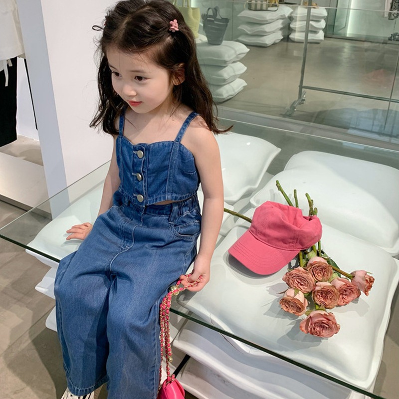 Set Đồ Bé Gái, Set Áo Hai Dây Quần Dài Jean Cá Tính Cho Bé Gái Chất Jean Mềm Mịn