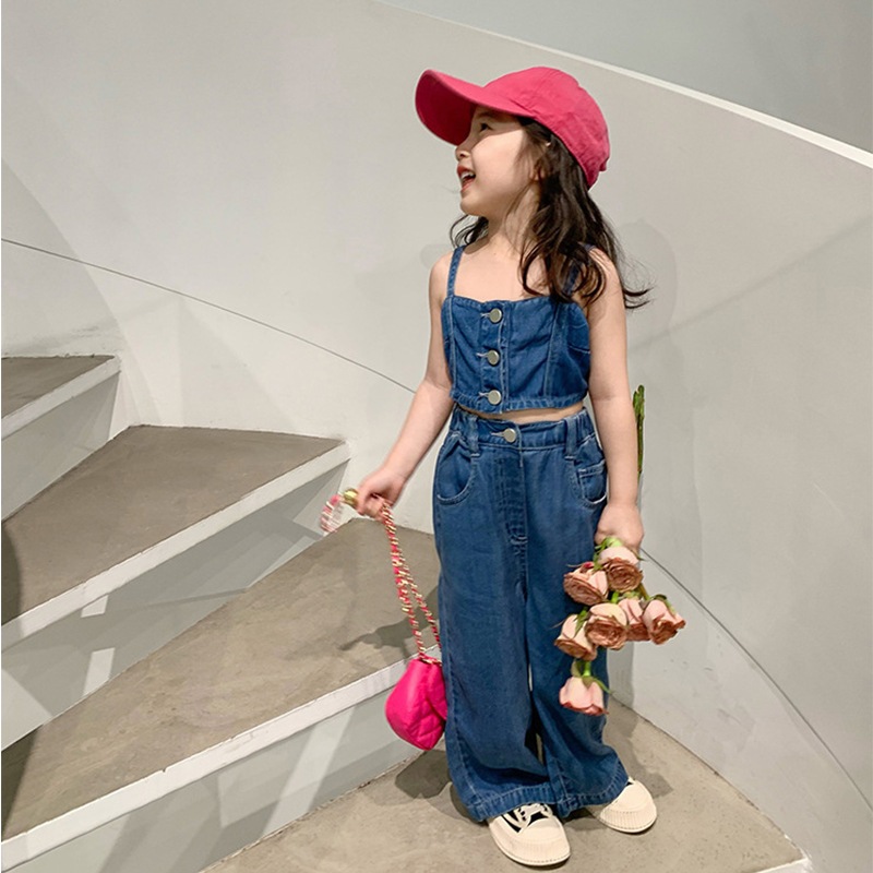 Set Đồ Bé Gái, Set Áo Hai Dây Quần Dài Jean Cá Tính Cho Bé Gái Chất Jean Mềm Mịn