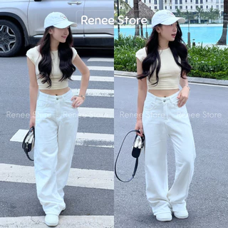 Quần jean trắng dáng ống suông, jean ống rộng phong cách Ulzzang Renee Store - Q7748