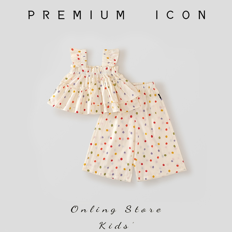 Set Đồ Bộ Bé Gái Chấm Bi, Set Áo 2 Dây Kèm Quần Ống Rộng Siêu Dễ Thương Chất Liệu Cotton Mềm Mịn