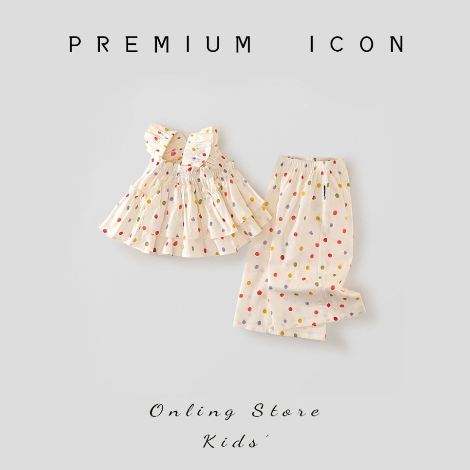 Set Đồ Bộ Bé Gái Chấm Bi, Set Áo 2 Dây Kèm Quần Ống Rộng Siêu Dễ Thương Chất Liệu Cotton Mềm Mịn