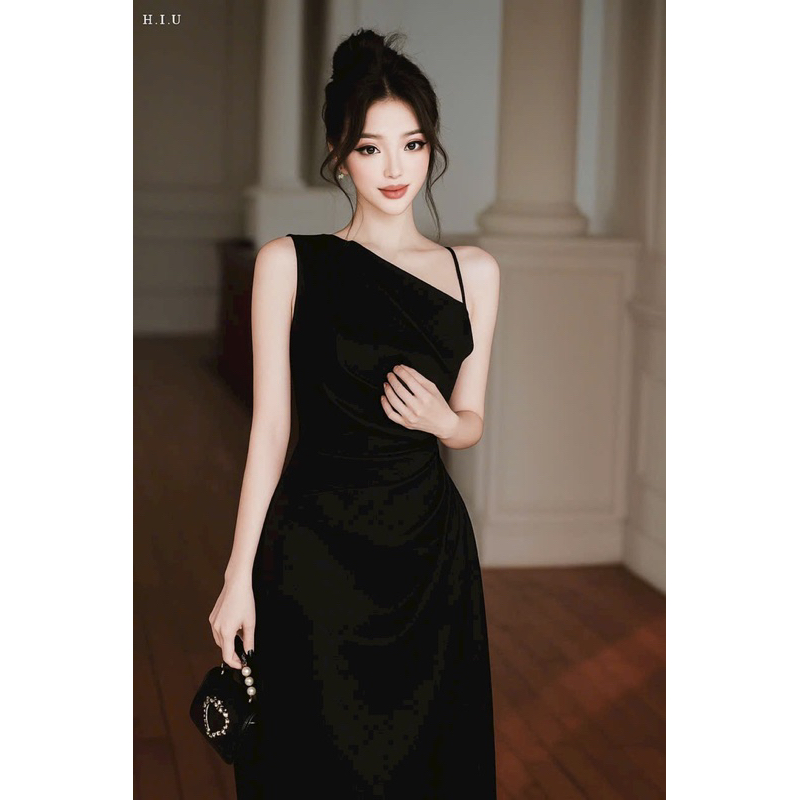 [Hàng sẵn-y hình]Đầm lụa dài lệch vai xếp li eo tôn dáng đi tiệc - pusu house
