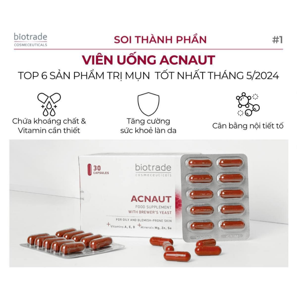 [Tặng Lotion CB2] Viên uống giảm mụn đẹp da, điều hòa nội tiết BIOTRADE ACNAUT FOOD SUPPLEMENT hộp 30 viên-Skin Studio