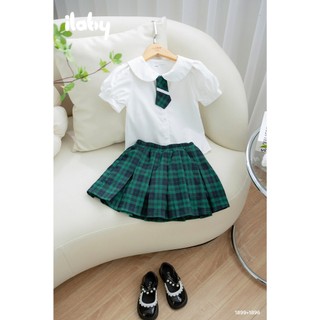 Set đi học bé gái ILABY HCM áo sơ mi học sinh tay bồng và chân váy chất liệu cotton cao cấp, chân váy kèm nơ [1899+1896]