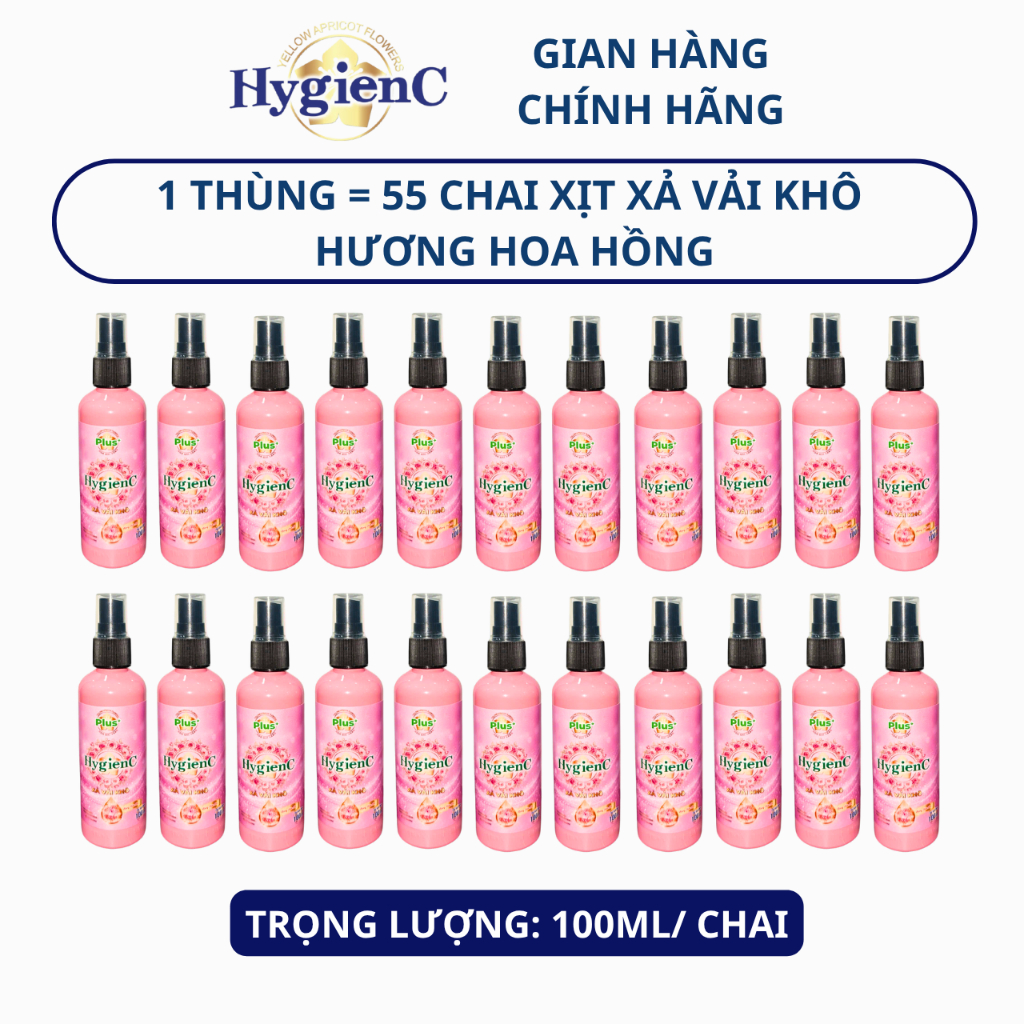 [Sỉ Thùng] Thùng 55 Chai Xịt Xả Vải Khô HygienC Plus 100ml/Chai - Hương Hoa Hồng (Dịu Dàng)