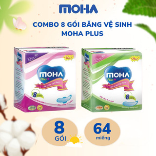 Combo 8 gói băng vệ sinh MOHA Plus loại ban ngày có cánh và không cánh, hộp 8 miếng an toàn cho da
