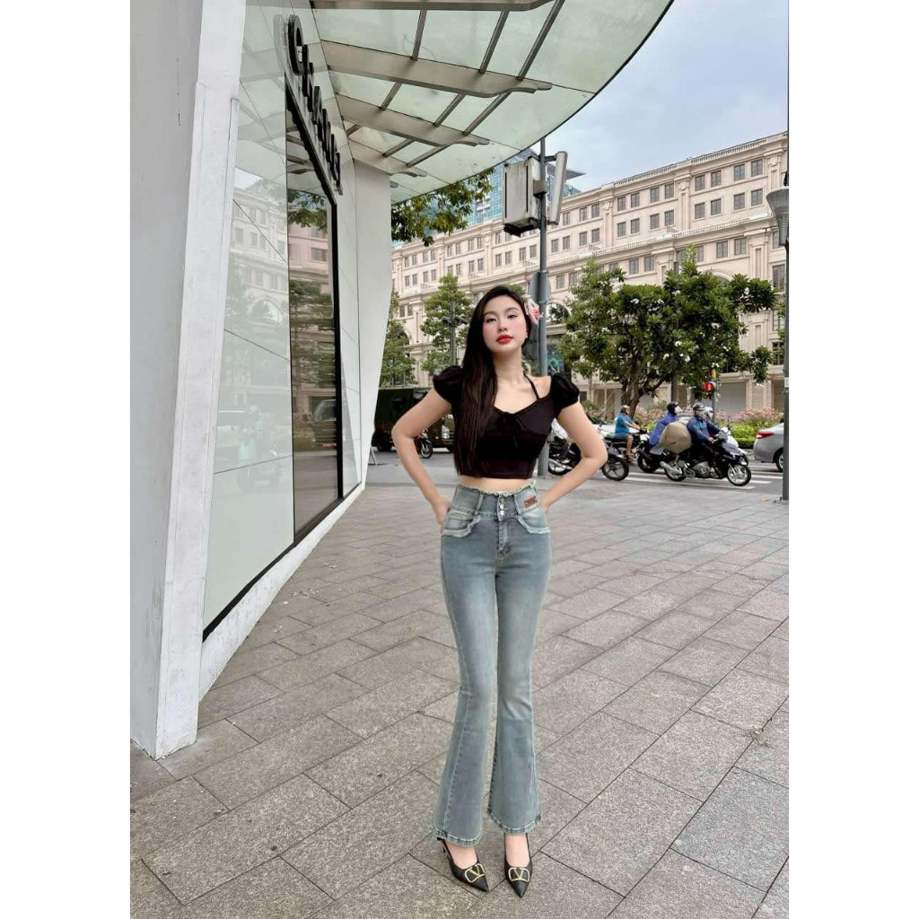 100-103cm Quần Jeans Nữ Ống Loe Dài Màu Đen Lưng Cao 3 Nút Kiểu Tua Co Giãn 4 Chiều Tôn Dáng