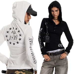 Áo dài tay mỏng dáng hoodie cổ khuy cài hoạ chất thun giấy tiết chữ cá tính màu trắng đen ATDT035 - Tiktik