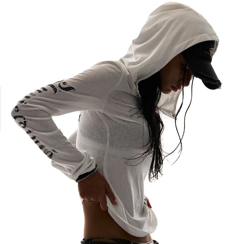 (sẵn)Áo dài tay mỏng dáng hoodie cổ khuy cài hoạ chất thun giấy tiết chữ cá tính màu trắng đen ATDT035 - Tiktik