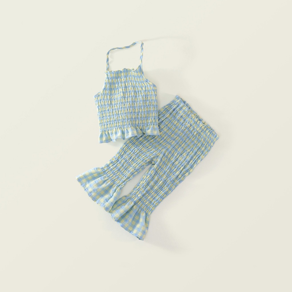 Set  Đồ Bé Gái, Set Áo Yếm Kẻ Caro Phối Quần Loe Bo Chun Cho Bé Gái Chất Liệu Cotton Thoáng Khí
