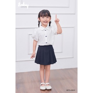 Áo sơ mi đi học bé gái ILABY HCM áo sơ mi học sinh tay bồng thêu nơ chất liệu cotton thoáng mát [2872]