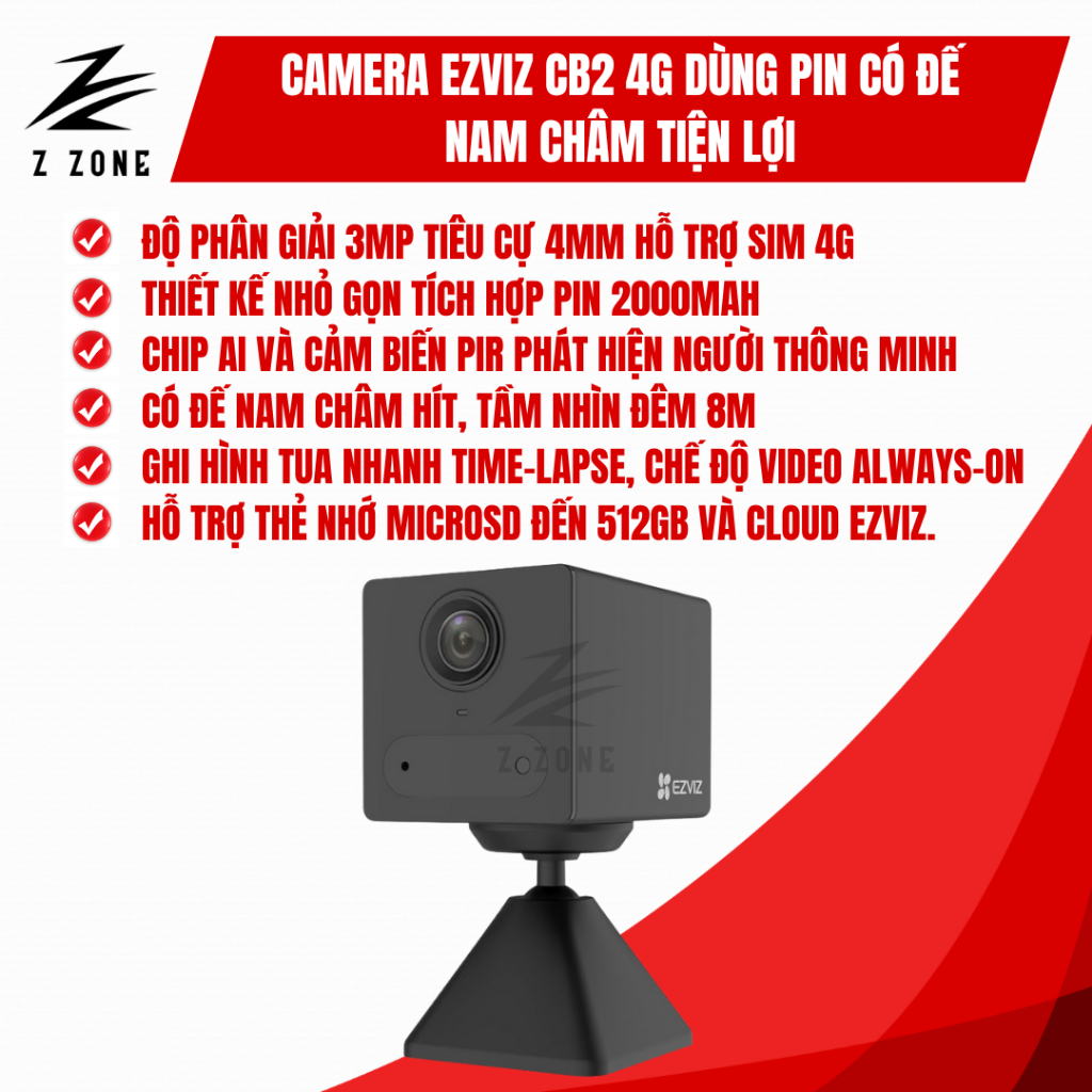 Camera EZVIZ CB2 4G Pin 2000mAh Đen – Hỗ Trợ Sim 4G LTE, Độ Phân Giải ...