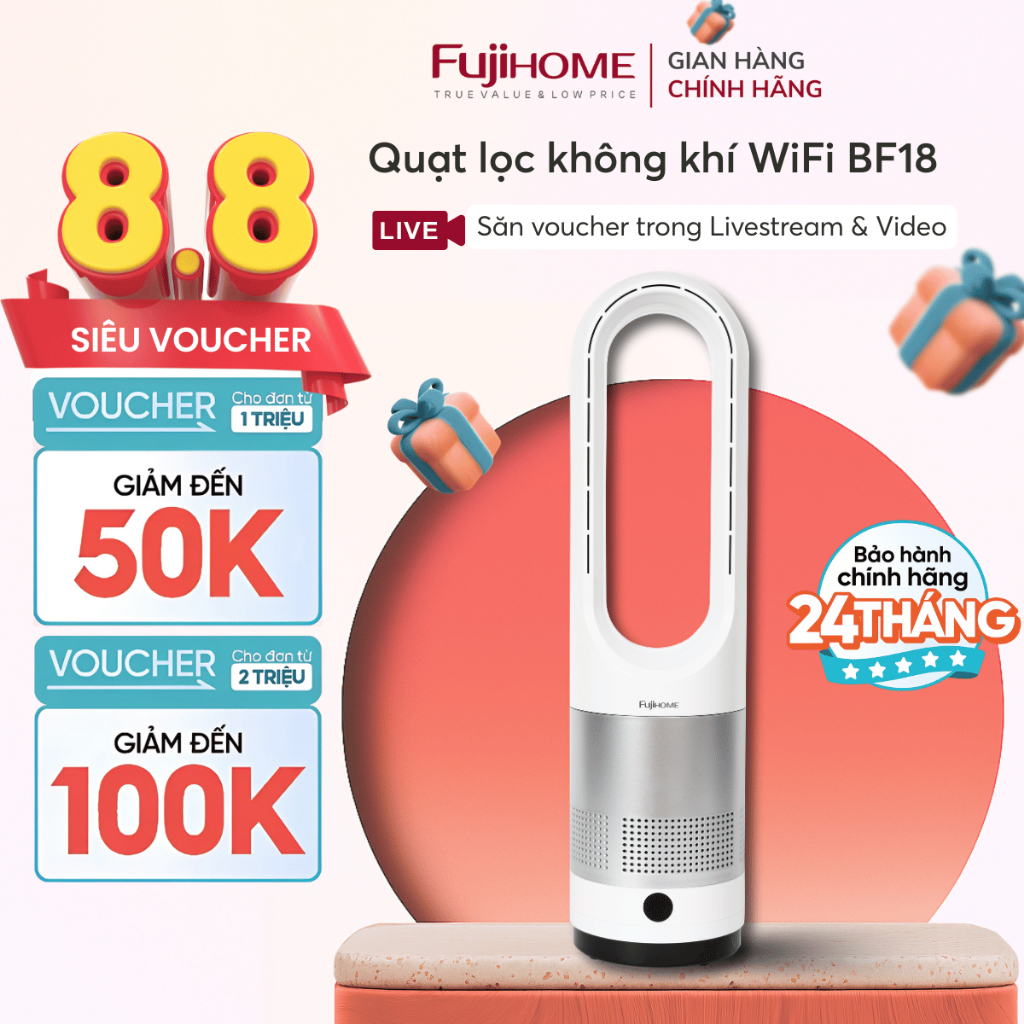 Quạt không cánh kết nồi Wifi Nhập Khẩu FUJIHOME BF18, Quạt khử khuẩn lọc không khí có chế độ hẹn giờ tiện lợi