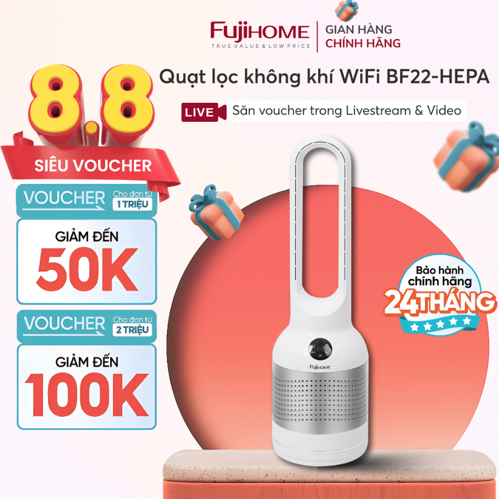 Quạt không cánh kết nối Wifi nhập khẩu FUJIHOME BF22-HEPA,  Quạt lọc không khí khử khuẩn HEPA Anion UV
