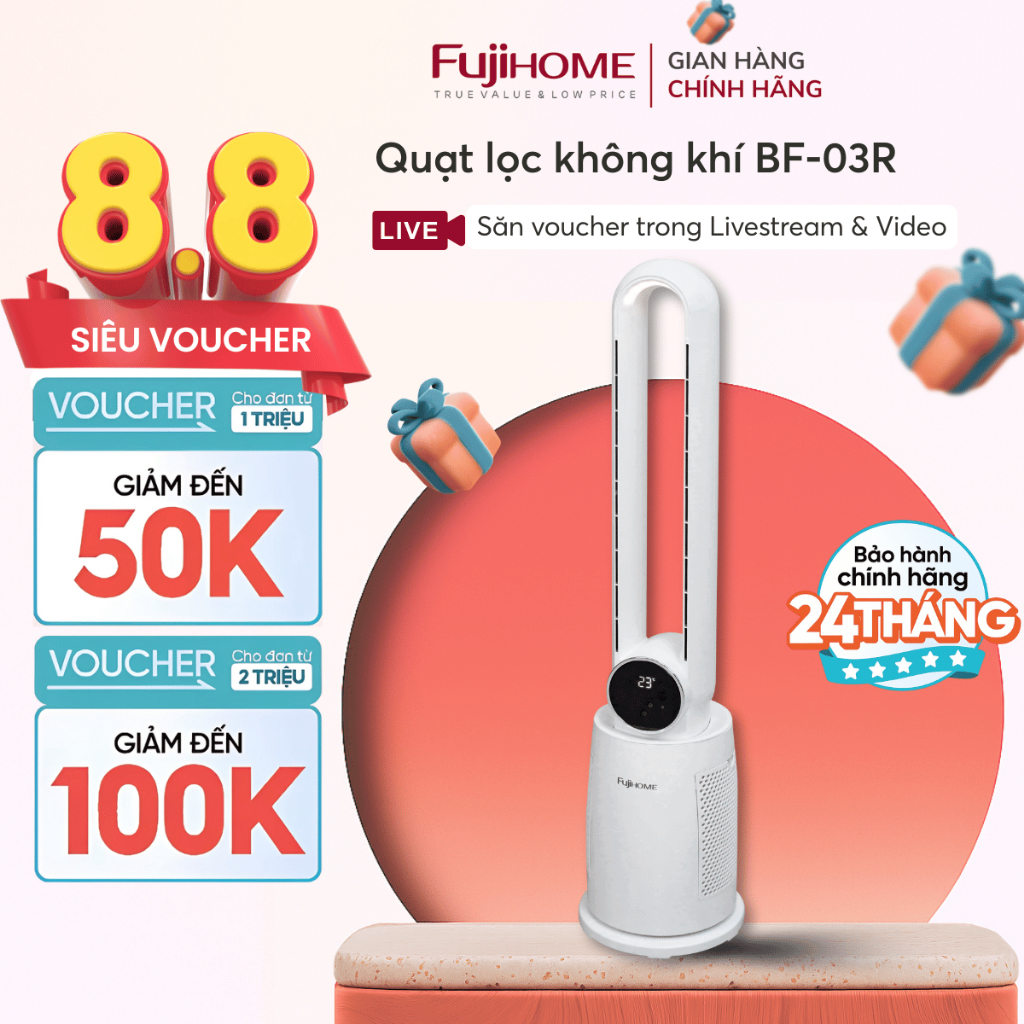 Quạt không cánh FUJIHOME BF-03R nhập khẩu, Quạt tháp lọc không khí Ion âm điều khiển từ xa