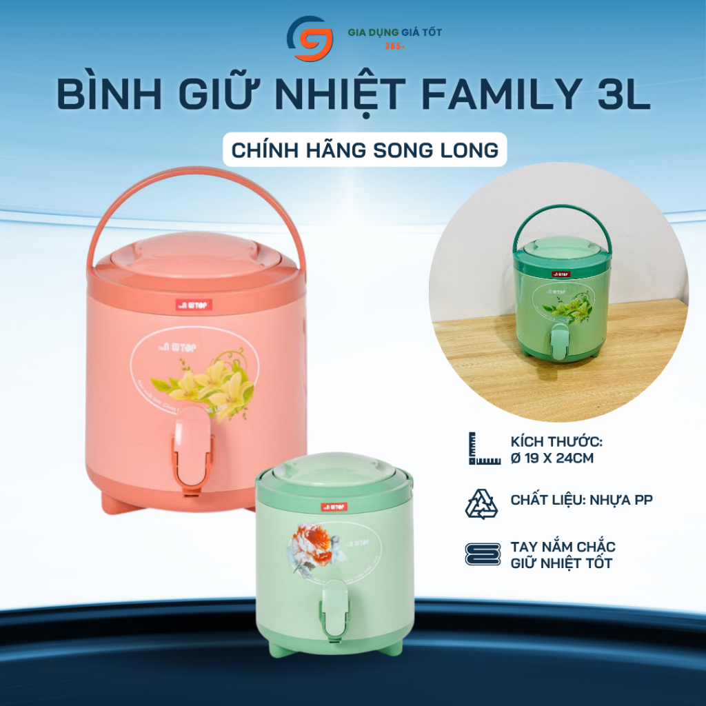 Bình giữ nhiệt có vòi Song Long 3 lít có quai xách, giữ lạnh tốt cho gia đình, quán ăn