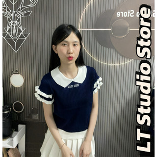 LT - Áo len nữ tay bèo cổ bẻ kẻ sọc ngang chữ thêu ngực, len sun bèo xinh xắn 1169