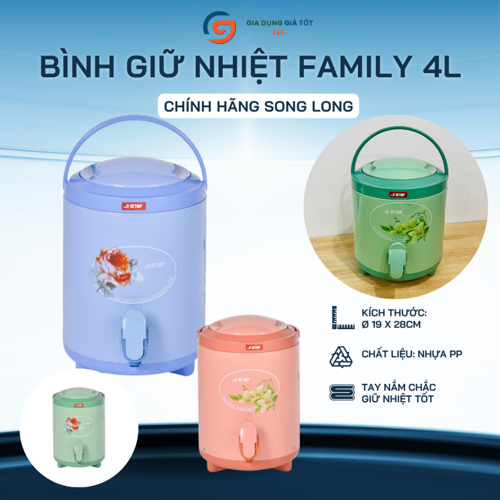 Bình đá giữ nhiệt Song Long 4 lít có vòi rót, giữ lạnh lâu, dùng gia đình, picnic