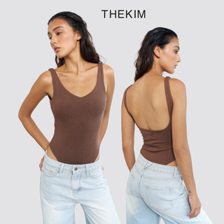 THEKIM Áo 2 dây bodysuit ( mút ngực tháo rời ) cổ tim khoét lưng sâu , áo bodysuit cúp ngực chữ V Rib 100% cotton T341