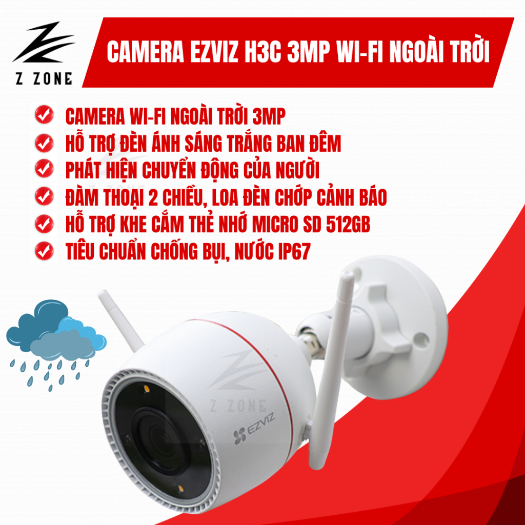 Camera Ezviz H3c 3MP Wi-Fi Ngoài Trời - Đèn Trợ Sáng- Đàm Thoại 2 Chiều