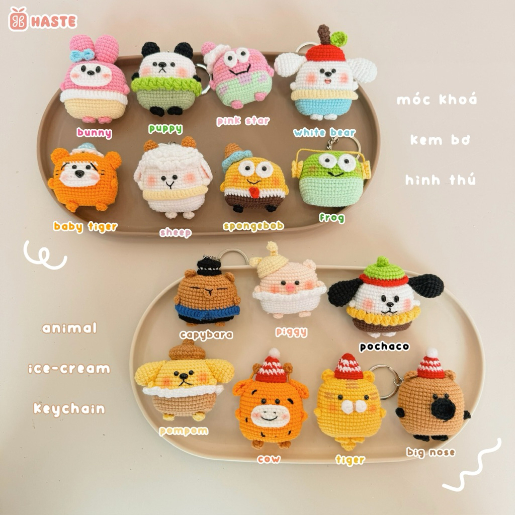 Móc Khoá Len Hình Thú Mặt Vuông Ice Cream Que Kem Animal Động Vật Mix Dễ Thương Handmade