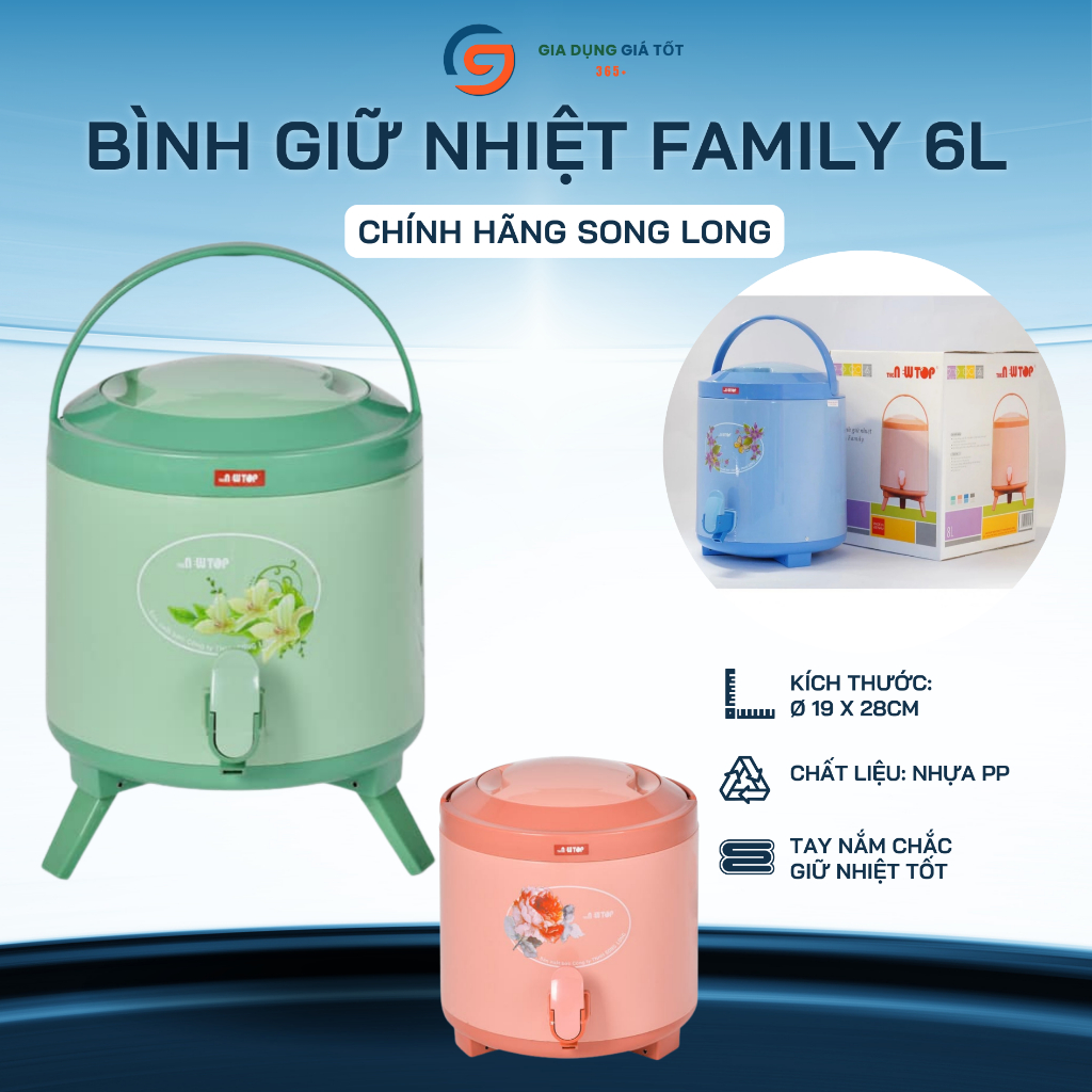 Bình nước giữ lạnh có vòi Song Long 6 lít nhựa dày, bình giữ nhiệt có chân đế, dùng tiệc, quán ăn