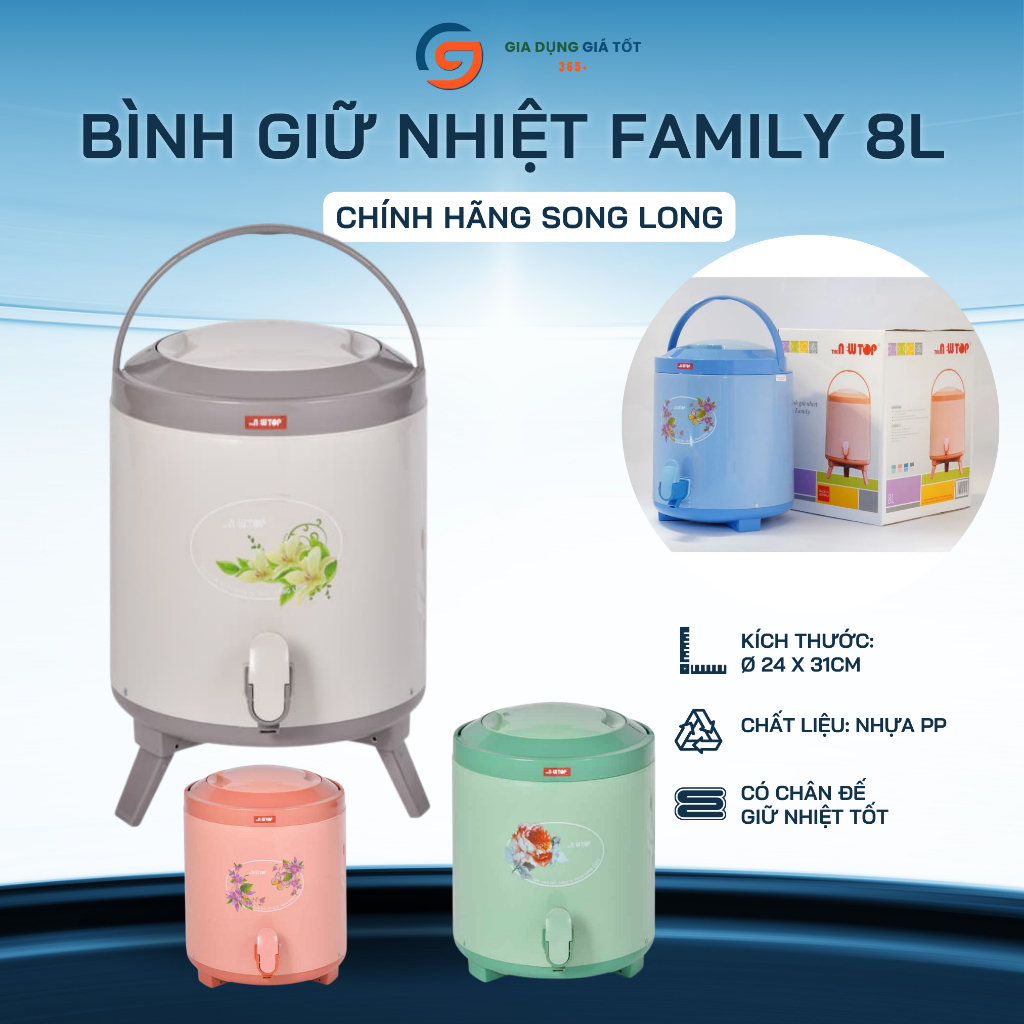 Bình đựng nước giữ lạnh có vòi Song Long 8 lít, bình giữ nhiệt có chân đế dùng gia đình, quán ăn