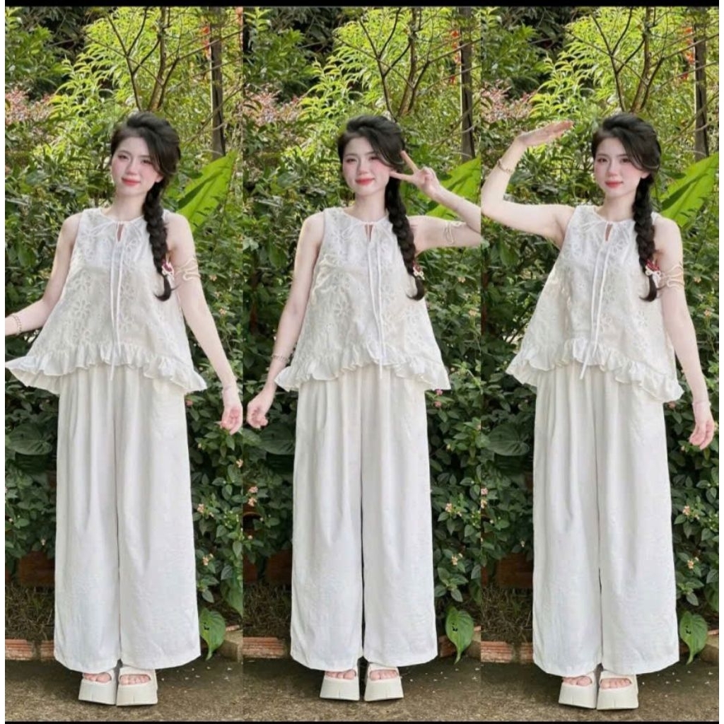 SÉT BỘ  ÁO BABYDOLL ĐUÔI CÁ  DÁNG XÒE VẢI THÔ THÊU HOA NỔI KÈM QUẦN DÀI SUÔNG RỘNG VỪA XINH VỪA SANG
