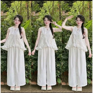 SÉT BỘ ÁO BABYDOLL ĐUÔI CÁ DÁNG XÒE VẢI THÔ THÊU HOA NỔI KÈM QUẦN DÀI SUÔNG RỘNG VỪA XINH VỪA SANG