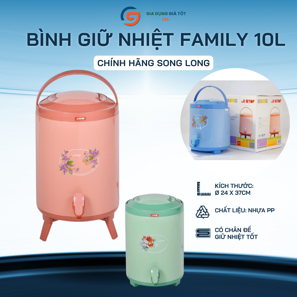 Bình giữ nhiệt nhựa có vòi Song Long 10 lít - Bình đựng nước dung tích lớn dùng quán ăn, hội họp