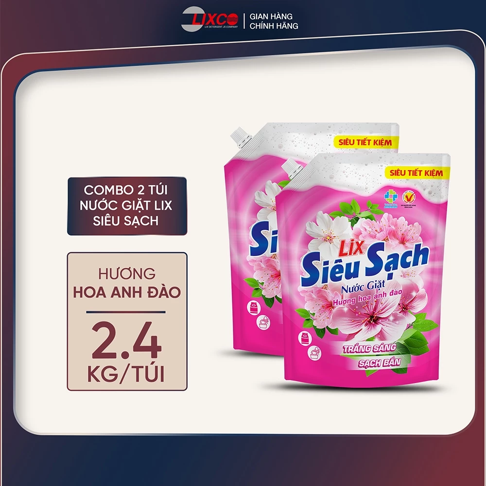 Combo 2 túi nước giặt Lix Siêu Sạch Hoa Anh Đào dung tích 2.4kg/túi, 2C-N2503 - Lixco Việt Nam