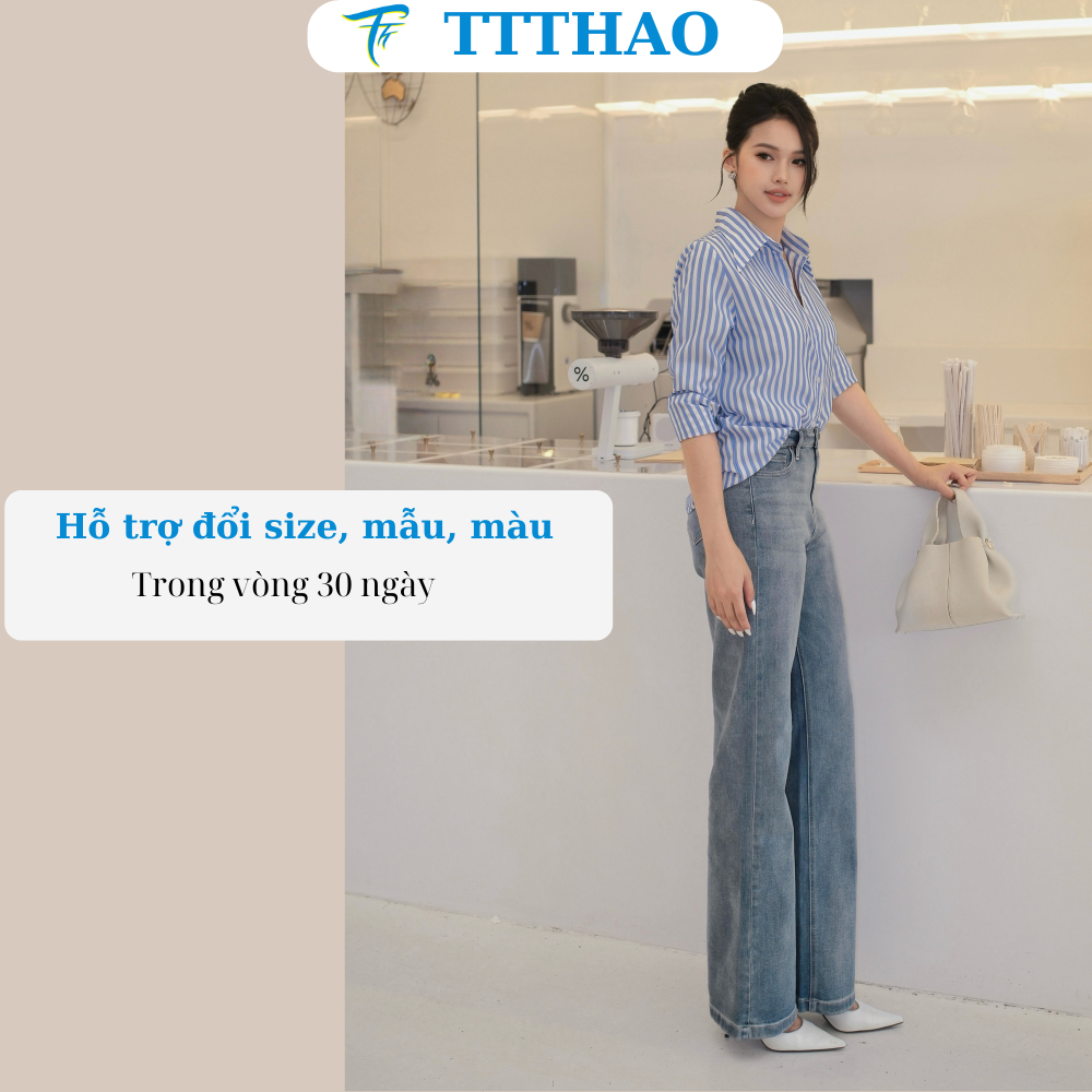 Quần jeans nữ ống suông TTTHAO cao cấp kiểu dáng quần jeans nữ ống rộng dài 103cm VNXK phong cách quần jean nữ basic J15