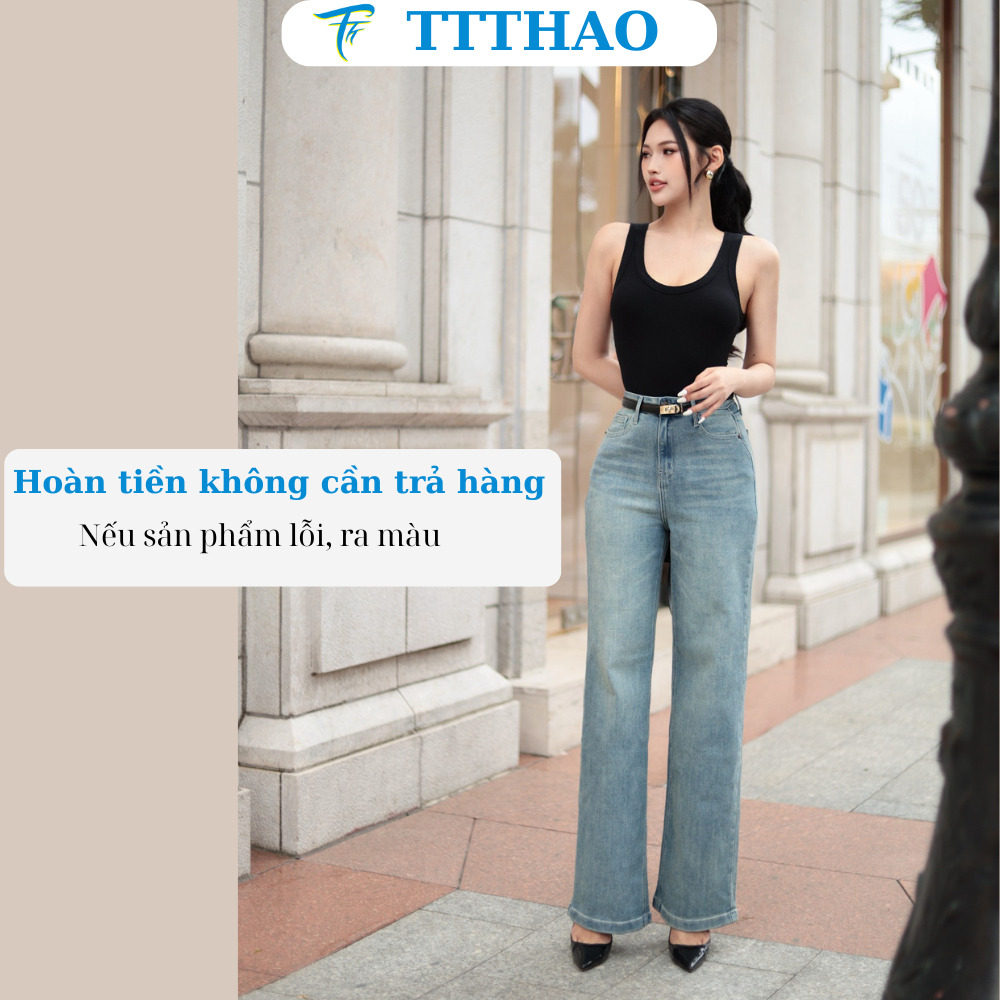 Quần jeans nữ ống suông TTTHAO cao cấp kiểu dáng quần jeans nữ ống rộng dài 103cm VNXK phong cách quần jean nữ basic J15