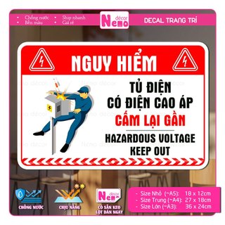 Decal Tủ Điện Có Điện Cao Áp Cấm Lại Gần, Decal Cảnh Báo Nguy Hiểm, Bảng Nhắc Nhở Có Điện, Dán Tủ, Tường, Kính.