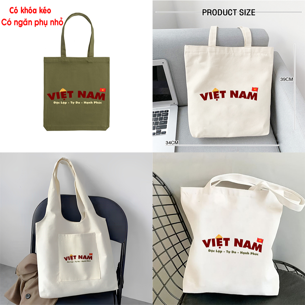 Túi tote Việt Nam Độc Lập Tự Do - túi vải canvas đeo vai 35*40 cm đi học đi chơi du lịch đựng vừa laptop 14inch tota0224