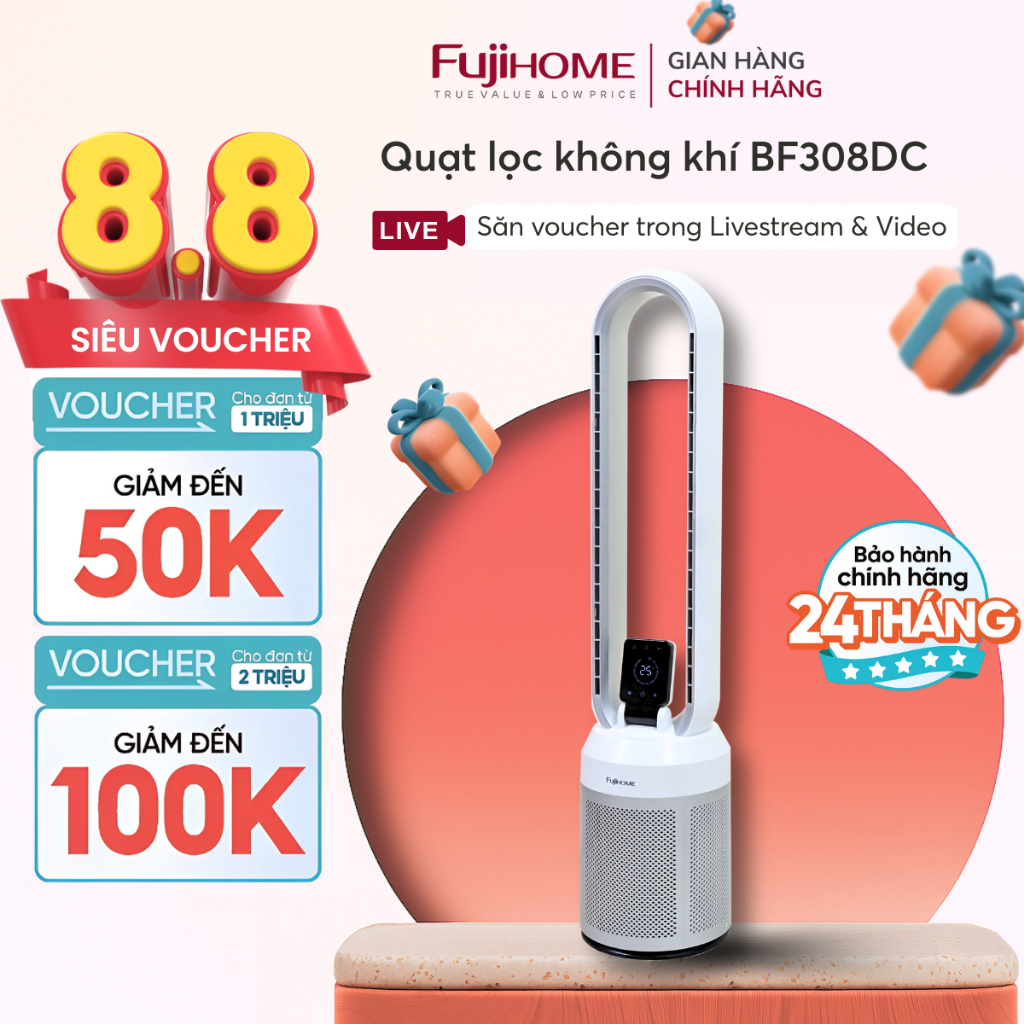 Quạt tháp không cánh Nhập Khẩu FUJIHOME BF308DC, Quạt trụ đứng lọc không khí ION bạc - động cơ DC tiết kiệm điện
