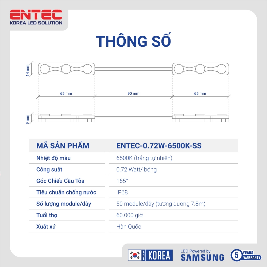 Đèn Led dây 3 bóng Hàn Quốc điện 12V IP68 màu 6500K siêu sáng