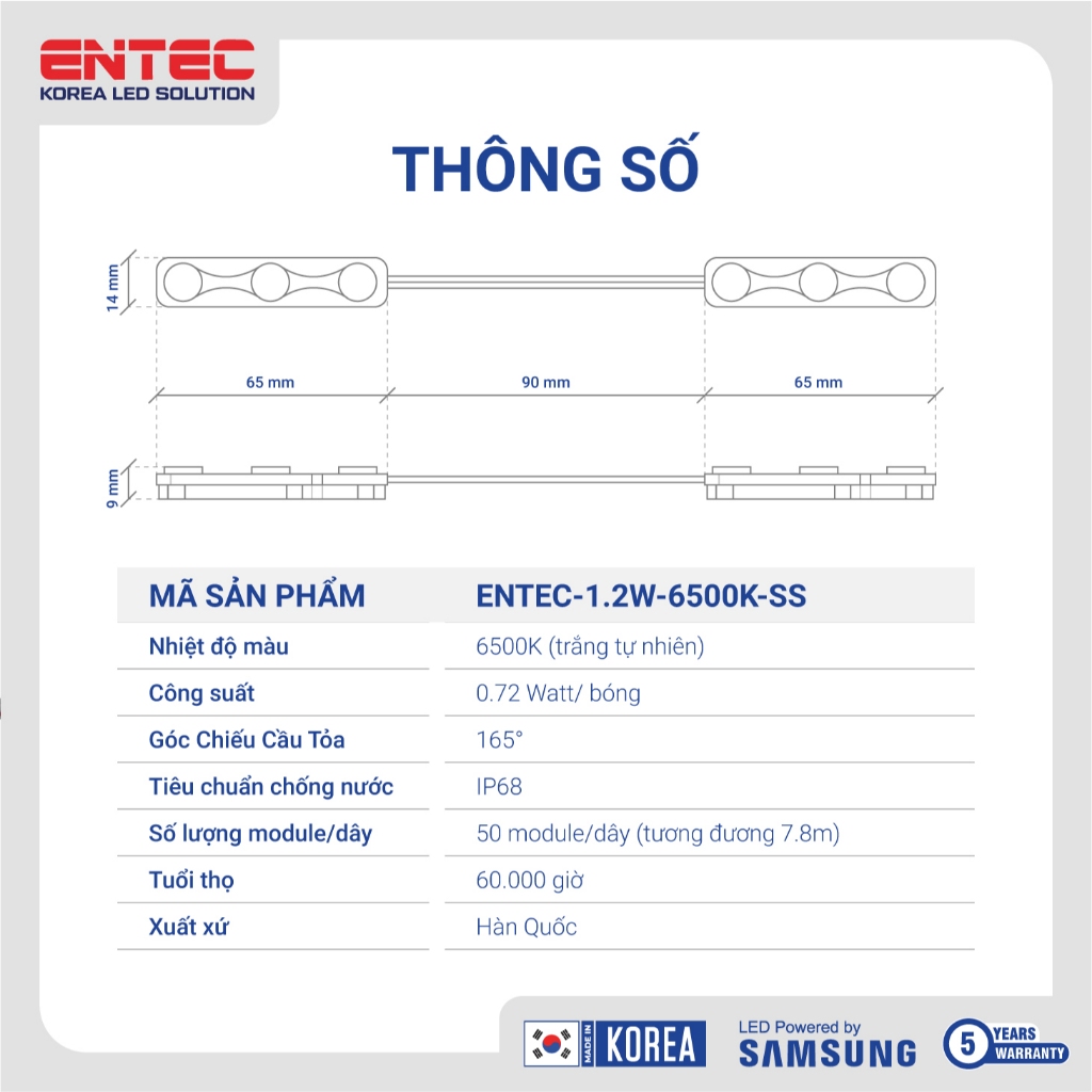 Dây Led hắt 3 bóng Samsung, Đèn Led trang trí màu 6500K siêu sáng